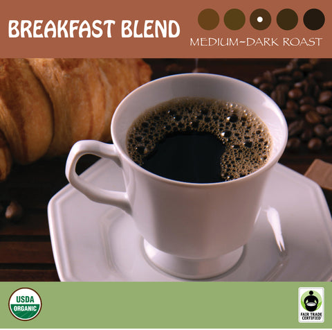 Black coffee in a white cup with a croissant to represent Signature Coffee's breakfast blend. Medium dark roast.  USDA Organic. Fair Trade Certified.