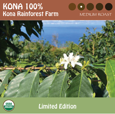 A white coffee blossom with the ocean in the background. Representing Signature's 100% organic medium roast Kona coffee . USDA organic and Fair Trade-certified logos.