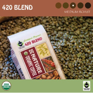 Signature Coffee's organic medium 420 Blend on a bed of green coffee beans. USDA Organic. Fair Trade Certified.