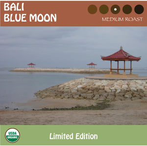 Temples on a beach in Bali invoke the culture of the Bali Blue Moon organic limited edition coffee.
