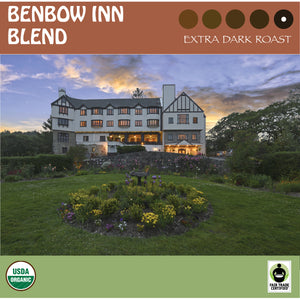 A beautiful picture of the  historic Benbow Inn.  Extra-dark custom blend. USDA Organic and fair  trade certified logos.