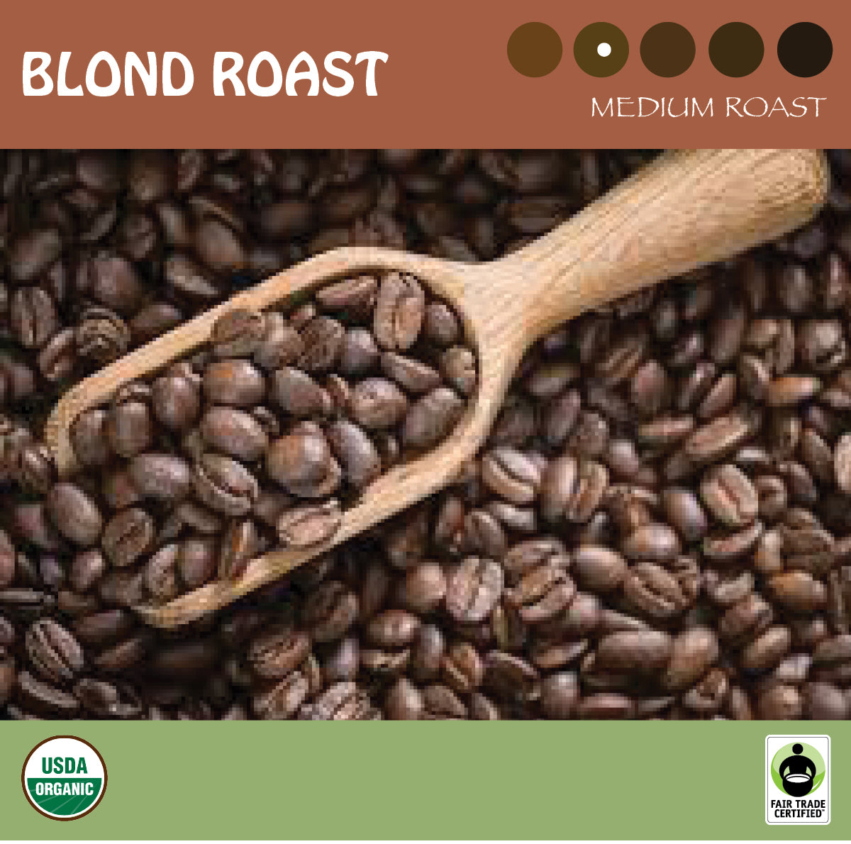 Lightly roasted coffee beans. Signature Coffee's  blonde roast.  USDA Organic. Fair Trade Certified.