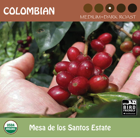 A hand holding red coffee cherries. Signature Coffee's Colombian coffee from Mesa de Los Santos. Medium dark roast. USDA Organic. Fair Trade Certified logos.