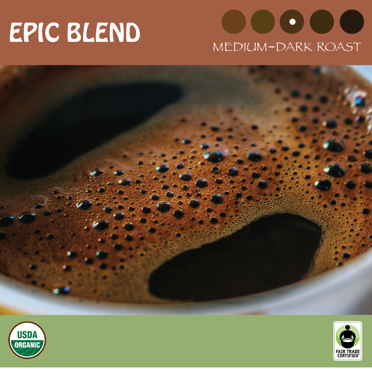 Closeup of rich creama from a dark roast cup of coffee. Epic Blend is a medium dark organic and fair trade coffee.