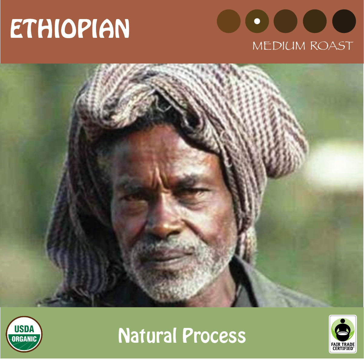 An Ethiopian coffee farmer. Signature's medium roast Natural Process coffee from Ethiopia. USDA organic and Fair Trade-certified logos.