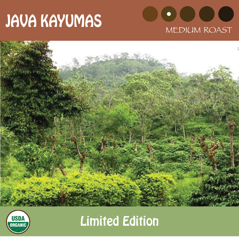 A hill side forrest with coffee trees representing Signature's limited edition Java Kayumas medium roast coffee. USDA organic and Fair Trade-certified logos.