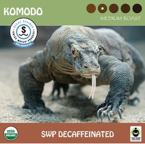 A Komodo dragon representing Signature's Komodo medium roast SWP coffee. SWP, USDA organic and Fair Trade-certified logos.