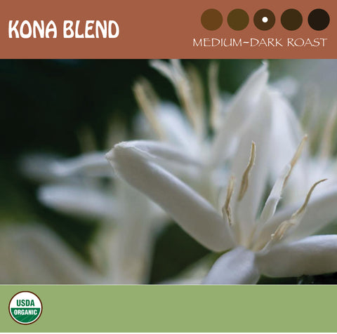 A close-up of a white coffee blossom. Representing Signature's  medium-dark roast Kona Blend coffee. USDA organic  logo.