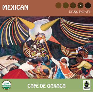 A colorful Diego Rivera print showing kids with a piñata. Representing Signature's dark roast Mexican coffee from Oaxaca. USDA organic and Fair Trade Certified logos.