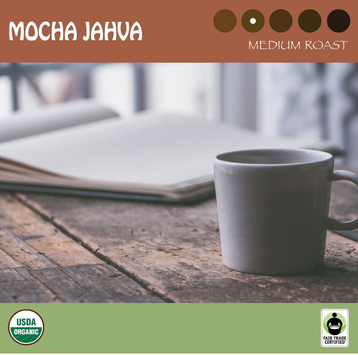 A mug of coffee with an open book. Representing Signature's medium roast Mocha Java Blend. USDA organic and Fair Trade Certified logos. logo