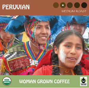 Two young Peruvian dancers in colorful costumes. Representing Signature's medium roast Peruvian Coffee from a woman's coop. USDA organic and Fair Trade Certified logos.