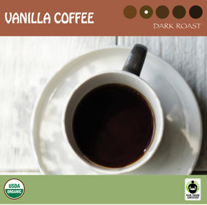 Black Coffee in a white cup on planks painted white. Representing Signature Coffee's medium roast Vanilla Coffee. USDA organic and Fair Trade Certified logos.